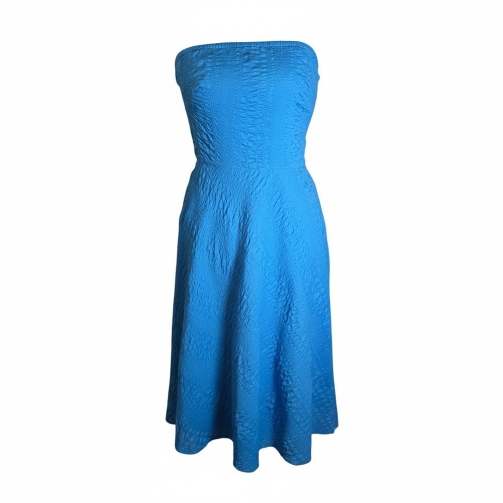 J Crew Blue Strapless Textured Dress Womens 2 Fit Flare Midi Cotton